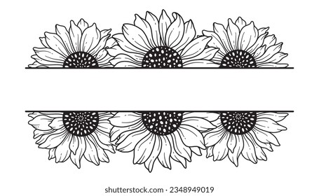 Sunflower Split Border. Half of Sunflower. Sunflower Frames Line Art, Fine Line Sunflower Frames Hand Drawn Illustration. Coloring Page with SunFlowers