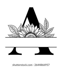 Sunflower split monogram design, alphabet letter A decorated with floral illustration. Perfect for personalized gifts, farmhouse decor, wedding initials, laser cut file, family sign, and DIY crafts.