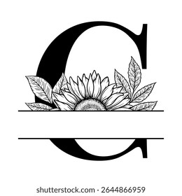 Sunflower split monogram design, alphabet letter C decorated with floral illustration. Perfect for personalized gifts, farmhouse decor, wedding initials, laser cut file, family sign, and DIY crafts.