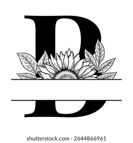 Sunflower split monogram design, alphabet letter B decorated with floral illustration. Perfect for personalized gifts, farmhouse decor, wedding initials, laser cut file, family sign, and DIY crafts.
