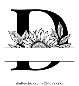Sunflower split monogram design, alphabet letter D decorated with floral illustration. Perfect for personalized gifts, farmhouse decor, wedding initials, laser cut file, family sign, and DIY crafts.