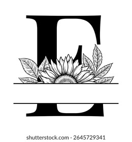 Sunflower split monogram design, alphabet letter E decorated with floral illustration. Perfect for personalized gifts, farmhouse decor, wedding initials, laser cut file, family sign, and DIY crafts.