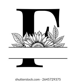 Sunflower split monogram design, alphabet letter F decorated with floral illustration. Perfect for personalized gifts, farmhouse decor, wedding initials, laser cut file, family sign, and DIY crafts.