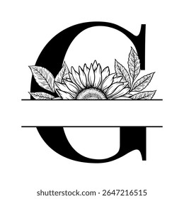 Sunflower split monogram design, alphabet letter G decorated with floral illustration. Perfect for personalized gifts, farmhouse decor, wedding initials, laser cut file, family sign, and DIY crafts.