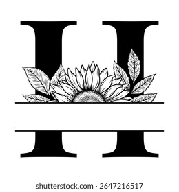 Sunflower split monogram design, alphabet letter H decorated with floral illustration. Perfect for personalized gifts, farmhouse decor, wedding initials, laser cut file, family sign, and DIY crafts.