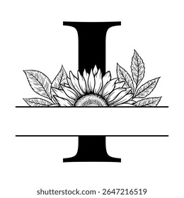 Sunflower split monogram design, alphabet letter I decorated with floral illustration. Perfect for personalized gifts, farmhouse decor, wedding initials, laser cut file, family sign, and DIY crafts.