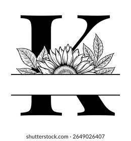 Projeto monograma dividido girassol, letra alfabética K decorada com ilustração floral. Perfeito para presentes personalizados, decoração de fazenda, iniciais de casamento, arquivo de corte a laser, sinal de família e artesanato DIY.