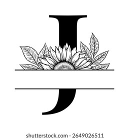 Projeto monograma dividido girassol, letra alfabética J decorada com ilustração floral. Perfeito para presentes personalizados, decoração de fazenda, iniciais de casamento, arquivo de corte a laser, sinal de família e artesanato DIY.