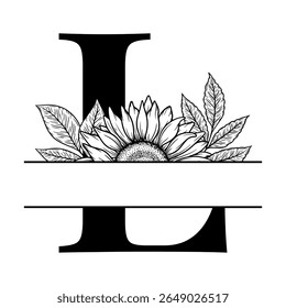 Projeto monograma dividido girassol, letra alfabética L decorada com ilustração floral. Perfeito para presentes personalizados, decoração de fazenda, iniciais de casamento, arquivo de corte a laser, sinal de família e artesanato DIY.