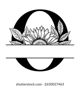 Sunflower split monogram design, alphabet letter O decorated with floral illustration. Perfect for personalized gifts, farmhouse decor, wedding initials, laser cut file, family sign, and DIY crafts.