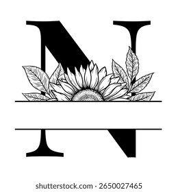 Sunflower split monogram design, alphabet letter N decorated with floral illustration. Perfect for personalized gifts, farmhouse decor, wedding initials, laser cut file, family sign, and DIY crafts.