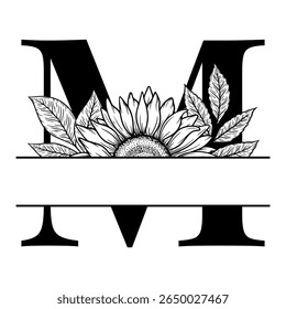 Sunflower split monogram design, alphabet letter M decorated with floral illustration. Perfect for personalized gifts, farmhouse decor, wedding initials, laser cut file, family sign, and DIY crafts.