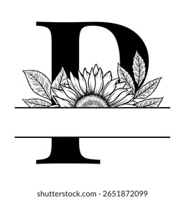 Sunflower split monogram design, alphabet letter P decorated with floral illustration. Perfect for personalized gifts, farmhouse decor, wedding initials, laser cut file, family sign, and DIY crafts.