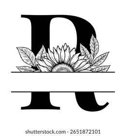 Sunflower split monogram design, alphabet letter R decorated with floral illustration. Perfect for personalized gifts, farmhouse decor, wedding initials, laser cut file, family sign, and DIY crafts.