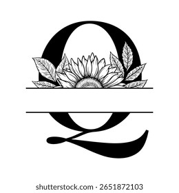Sunflower split monogram design, alphabet letter Q decorated with floral illustration. Perfect for personalized gifts, farmhouse decor, wedding initials, laser cut file, family sign, and DIY crafts.