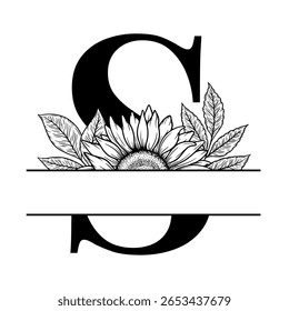 Sunflower split monogram design, alphabet letter S decorated with floral illustration. Perfect for personalized gifts, farmhouse decor, wedding initials, laser cut file, family sign, and DIY crafts.