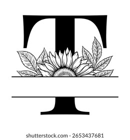 Sunflower split monogram design, alphabet letter T decorated with floral illustration. Perfect for personalized gifts, farmhouse decor, wedding initials, laser cut file, family sign, and DIY crafts.