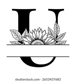 Sunflower split monogram design, alphabet letter U decorated with floral illustration. Perfect for personalized gifts, farmhouse decor, wedding initials, laser cut file, family sign, and DIY crafts.