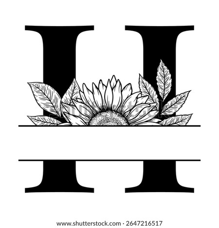 Sunflower split monogram design, alphabet letter H decorated with floral illustration. Perfect for personalized gifts, farmhouse decor, wedding initials, laser cut file, family sign, and DIY crafts.