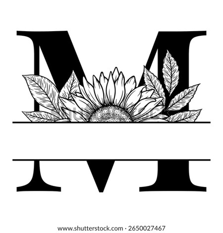Sunflower split monogram design, alphabet letter M decorated with floral illustration. Perfect for personalized gifts, farmhouse decor, wedding initials, laser cut file, family sign, and DIY crafts.