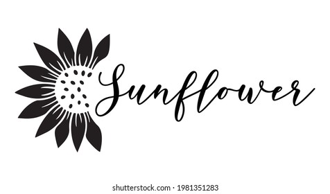 Sunflower split monogram. Flower silhouette vector illustration. Sunflower graphic logo, hand drawn icon for packaging, decor. Petals frame, black silhouette isolated on white background.