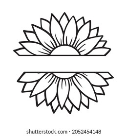 Sunflower split monogram. Flower silhouette vector illustration. Sunflower graphic logo, hand drawn icon for packaging, decor. Petals frame, black silhouette isolated on white background.