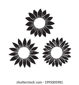 Sunflower split monogram set. Flower silhouette vector illustration. Sunflower graphic logo collection, hand drawn icon for packaging, decor. Petals frame,black silhouette isolated on white background