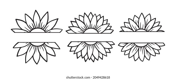 Sunflower split monogram set. Flower silhouette vector illustration. Sunflower graphic logo collection, hand drawn icon for packaging, decor. Petals frame,black silhouette isolated on white background