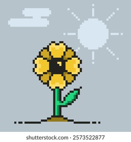 Sunflower Standing on Grey Background, Pixel Art Illustration