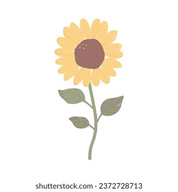 Sunflower with stem and leaves in hand drawn cartoon style. Yellow flower in pastel colors. Vector illustration