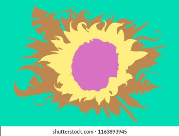 Sunflower stencil silhouette vector with nature monstera leafs in pouring сolor palette.  teal, gold, creative modern