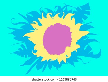 Sunflower stencil silhouette vector with nature monstera leafs in pouring сolor palette.  teal, gold, creative modern