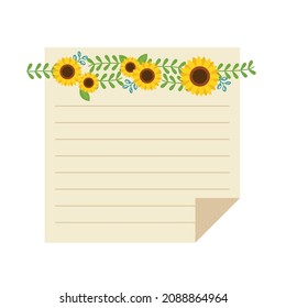 Etiqueta de girasol con nota. Ilustración sobre el contenido de la decoración, la decoración y la tarjeta de felicitación. 