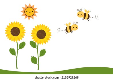 Sunflower, sun cartoon and bee cartoons, green grasses vector illustration.  