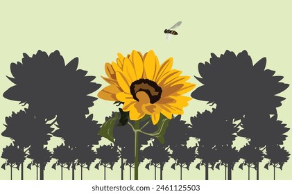 Sunflower with sunflowers dark shapes around and a bee.