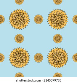 Sunflower symmetric flowers over blue. Seamless, simple pattern.