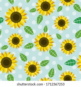 Sunflower symmetric flowers over sky blue polka dots seamless pattern 