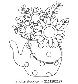 Sunflower in teapot or vase in flat vector style. Illustration about flower, floral theme.