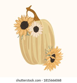 Sunflower and thin pumpkin banner vintage style, autumn hand drawn design fall card. Thankful and Blessed. Greeting card of autumn orange graphic vegetable