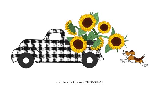 Sunflower truck and the running dog. Fall autumn card. Happy Thanksgiving . Harvest season. Vector cartoon  illustration. Farm house design.
