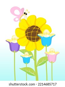 Sunflower, tulips and butterfly in light gradient background. Isolated vector Illustration. 