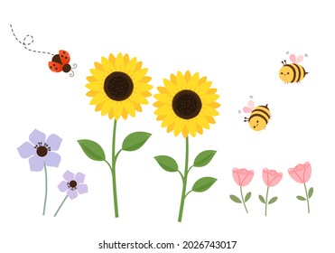 Sunflower, tulips, purple flower, ladybug and bee cartoons isolated on white background vector illustration.