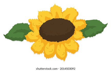 Sunflower and two leaves in a plush textured design in cartoon style, isolated over white background.
