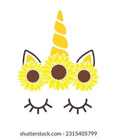 Sunflower unicorn Svg. Vector illustration isolated on white background. Cute unicorn face with flowers clipart