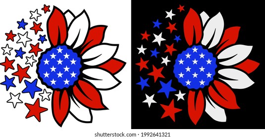 Sunflower in USA flag colors. Celebration of 4th of July USA Independence Day vector tee shirt design. Designed in Stars and Stripes. 