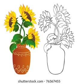 Sunflower in vase. Color and outline illustrations