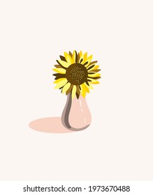 Sunflower in a vase. A vase with a sunflower on which the light falls. Illustration for postcard, poster, banner, flyer, greeting card, cover. Vector illustration. 