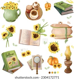 Sunflower with vase retro kerosene oil lamp old book pumpkin