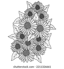 vector de girasol de la página de colorear la línea de lápiz de doodle dibujar flor floreciente. los girasoles amarillos dibujan fácilmente el diseño de las flores. flor de color antiestrés en blanco y negro para adultos. 