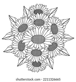 sunflower vector of coloring page doodle pencil line drawing blooming flower. yellow sunflowers easy sketches flower design. black and white anti stress coloring flower for adult. 